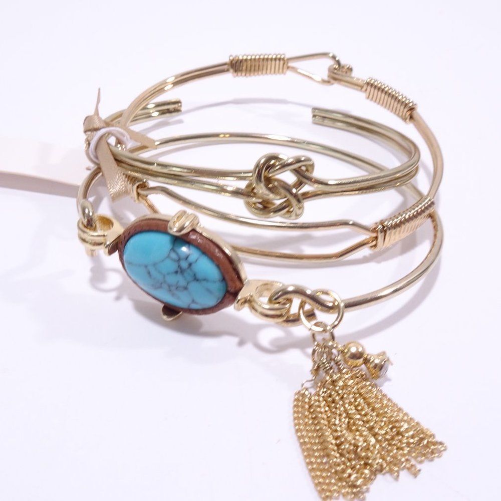 NWT Lee Angel Three Gold Bracelet Tassel and Turq Stone Bangle Set 3 NWT 115